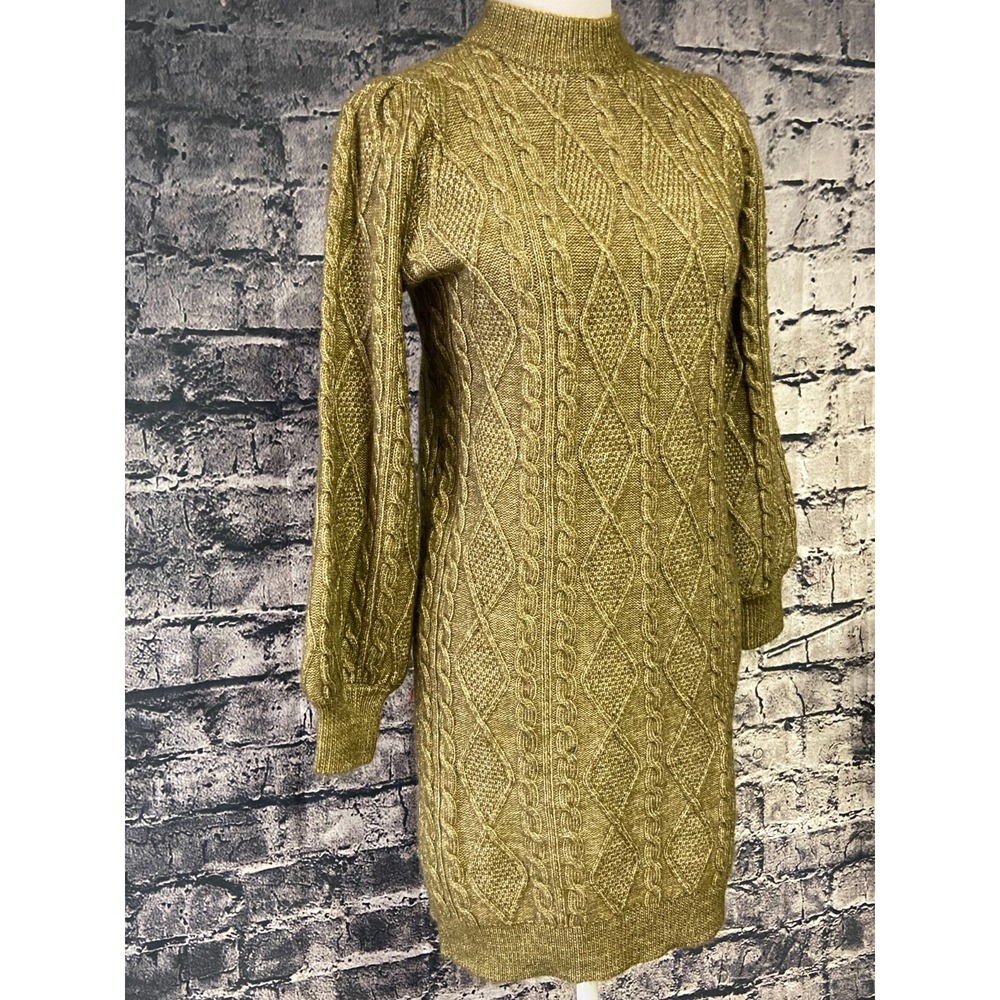 Ophelia Roe Sweater Dress Womens Large Olive Green Cable Knit Long Sleeve Mock N - Picture 2 of 12